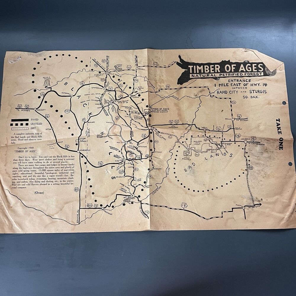 Vintage 1949 Timber of Ages Petrified Forest Map Black Hills South Dakota Rare
